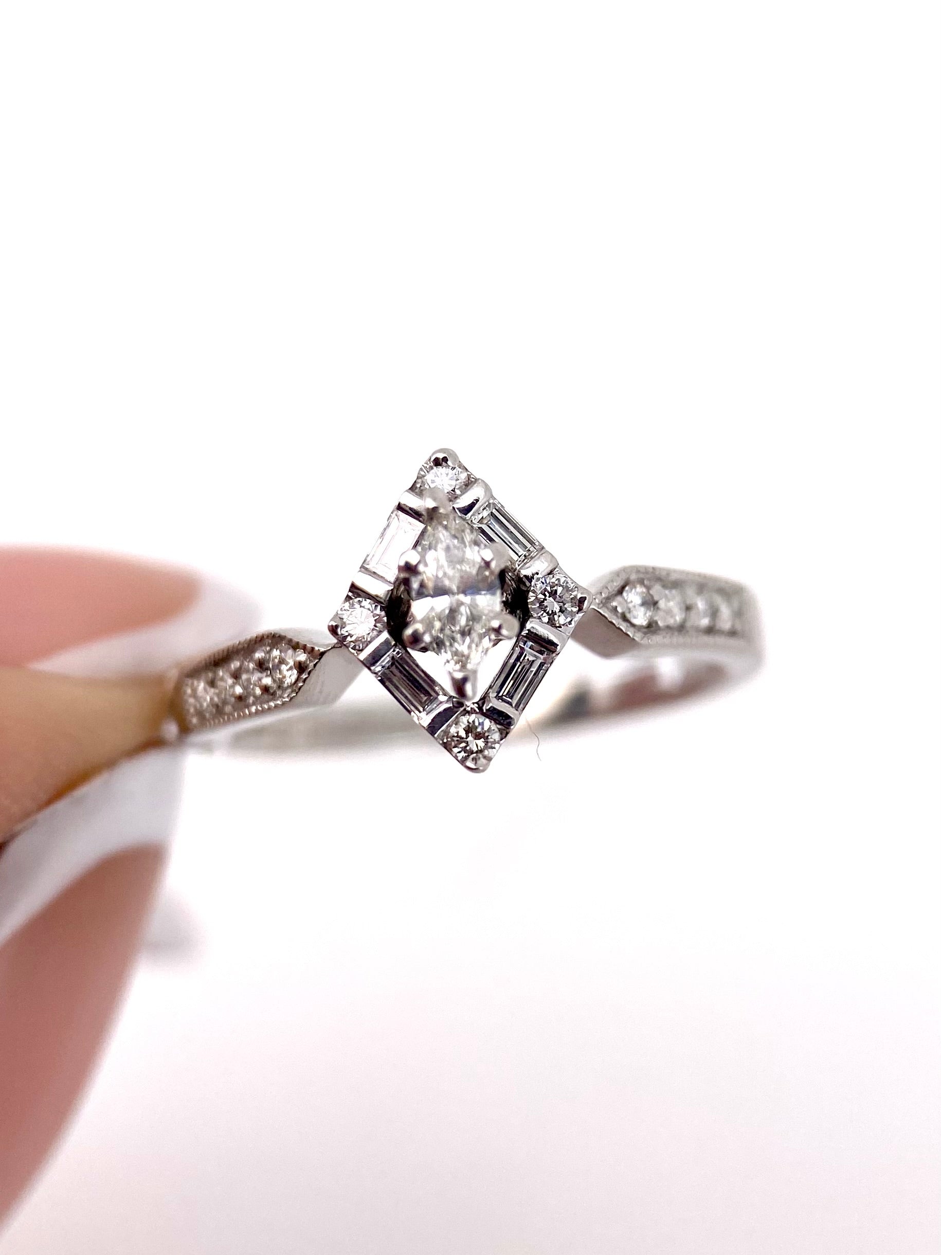 Oro Blanco 14k Marquise 0.14ct + 0.12L de Diamantes Naturales                            Anillo Compromiso OF2297